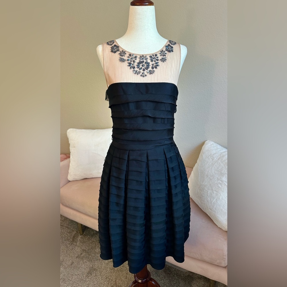 BCBGMaxazria Marina Dress Black Ruffle Mini Fit & Flare Sheer Neck Sz S Cocktail